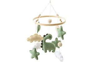 Dinosaur Baby Mobile for Crib - Soft Green Handmade Felt Clouds with Cotton Animal Charms, Easy Install Nursery Ceiling Decor (Gender-Neutral)