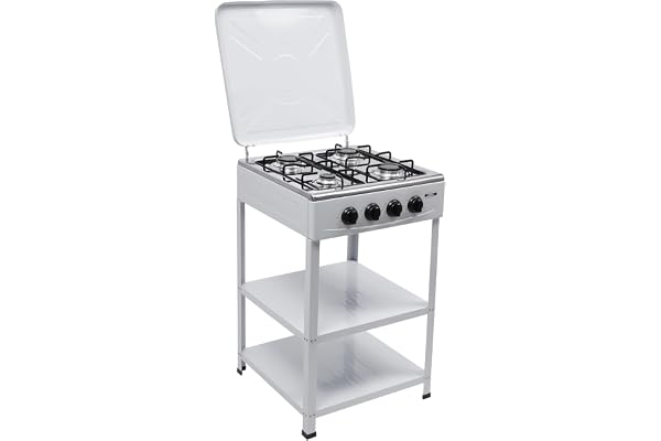 HarBin-Star - Plaque de cuisson à gaz à 4 feux avec support antidérapant, chariot de barbecue avec couvercle, cuisinière à gaz autonome, cuisinière à gaz de camping, 49 x 49 x 79 cm (blanc)