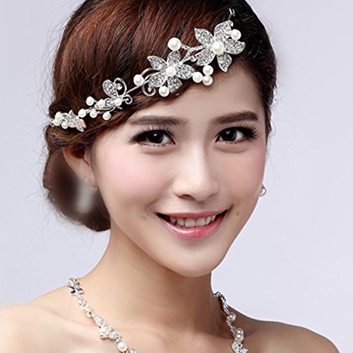 PIXNOR Shining Crystal Strass Faux Perlen Deko Blume Stil Hochzeit Braut Haar Band Stirnband Tiara (weiß) - 6