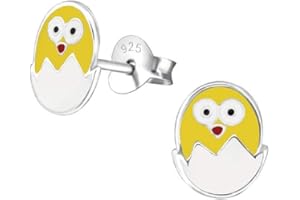 Laimons Orecchini da bambina per bambini, a forma di gufo, con pulcino giallo in argento Sterling 925