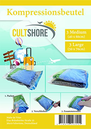 6er Set Kompressionsbeutel – sparen bis zu 75 % Platz im Gepäck – ideal für Reisen, Backpacking – schützen vor Feuchtigkeit, Schimmel, Insekten – inkl. gratis Packliste als E-Book - 5