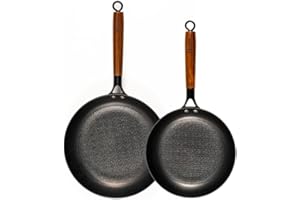 lätt Home Set Poêles à Frire en Fonte Naturelle 24/28cm Sans PFOA, Manche Amovible en Bois d'Acacia, Antiadhésive, Poêle Induction Pour l'extérieur et l'intérieur, Gaz Electrique Four