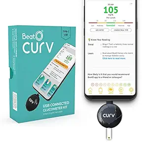 BeatO CURV Smartphone Connected Glucometer with 25 Strips & 25 Lancets (Type-C USB)Multicolor | ISO Certified : Made in India