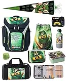 Schultaschen-Set 9-teilig!! Der ca. 950 Gramm leichte, ergonomisch-e Jungen-Schulranzen Explorer von Lego Ninjago in den Farben Schwarz und Grün hat eine stabile Rahmenkonstruktion und einen stoßfesten Kunststoffboden. Motiv: Ninja Lloyd Garmadon. Maße (H/B/T): 41x28x20 cm. Geeignet ab der erste-n Klasse der Grund-schule.
