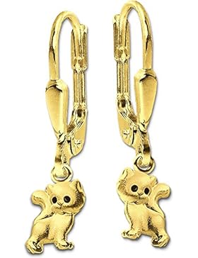 CLEVER SCHMUCK Goldene kleine Ohrhänger 21 mm mit Mini Katze Augen schwarz seidenmatt und glänzend 333 GOLD 8...