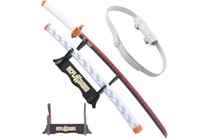 REPLIKSWORD Demon Slayer Katana Rengoku en Bois Lame Decoration Sabre Kyojuro Rengoku Epee Kimetsu No Yaiba Sabre Cosplay + Presentoir Bois Inclus + Ceinturon Blanc Porte Epee