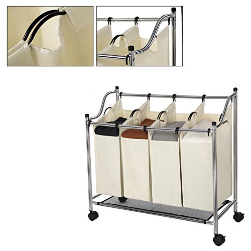 Songmics Wäschesortierer Wäschekorb Wäschewagen mit 4 × fächer beige LSF005S - 7
