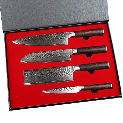 YARENH 4 Pièces Set Couteaux Professionnel,Couteaux de Chef en Acier Japonais Damas Acier,Set Couteau Cuisine Japonais Damas Contient 4 Malette Pro Global Couteau de Boucher Professionnel