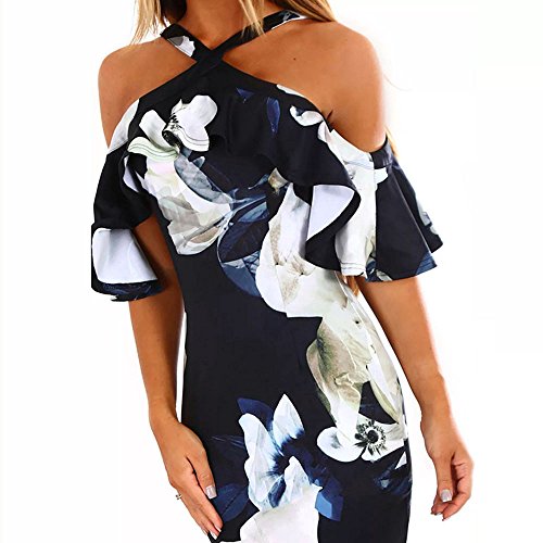 WWricotta Women Printing Cross Off Shoulder Dress Evening Party Dress Sundress NY/XL(Marine, XL)