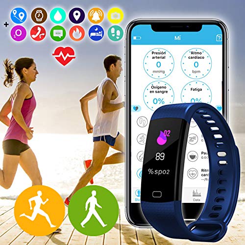 Pulsera de Actividad Inteligente Y5 con Pantalla táctil. Monitor de Frecuencia Cardíaca HR, Resistente al Agua con protección IP67, medidor de calorias y Pasos (Azul)