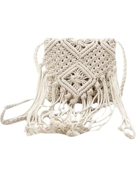 AiSi Damen Mädchen geflochten Strandtasche Quaste Umhängetasche Schultertasche kleine Abendtasche elegante Handtasche...