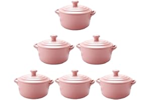 HOBBYTECH Hobby Tech Lot de 6 Mini Cocottes Roses Céramique Double Poignées avec Couvercle 13,5cm x 8cm Contenance Moule 200ml Ramequin Résistant Haute Température Four pour Petits Plats (Rose, Lot de 6)