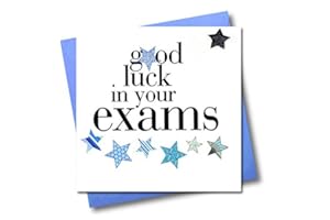 CLAIRE GILES GREETING CARDS Claire Giles Hearts and Stars Good Luck in Your Exams Card, blue|white