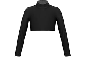 inlzdz Enfant Fille T-Shirt à Manches Longues Top de Sport Haut Court de Danse Gymnastique Col Roulé Crop Tops Fille T-Shirt de Sport Jogging Gym Tronçon Sportwear 6-16 Ans