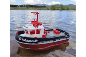 ARRIS Mini RC Boat, 1:72 Scale RC Tugboat with 2.4 GHz Remote, 2 Rechargeable Batteries & LED Lights for Pools Lakes, RTR RC Boats for Adults Summer Gifts Toys (Black)