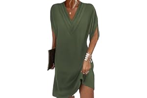 BIUBIULOVE Slit Sleeve Solid Color Elegant Dress,Women's V-Neck Mini Dress Sleeveless Solid Pullover Dress,Summer Casual Short Sleeve Flowy Dress