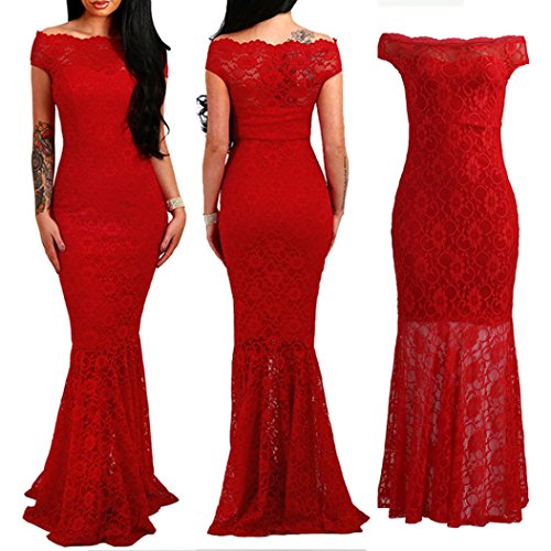 Preisvergleich Produktbild Cocktailkleid,DOLDOA Frauen Spitze Schulterfrei Formale Hochzeit Abend Meerjungfrau Langes Kleid (EU:38, Rot - Spitze Cocktailkleid)