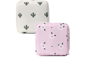 Aieino Sanitary Pad Storage Bag 2PCS, Waterproof Sanitary Napkin Storage Bags Zipped Frist Period Bag Menstrual Kit Holder Tampon Pad Pouch for Women Ladies Teen Girls Travel School(Flower/Cactus)