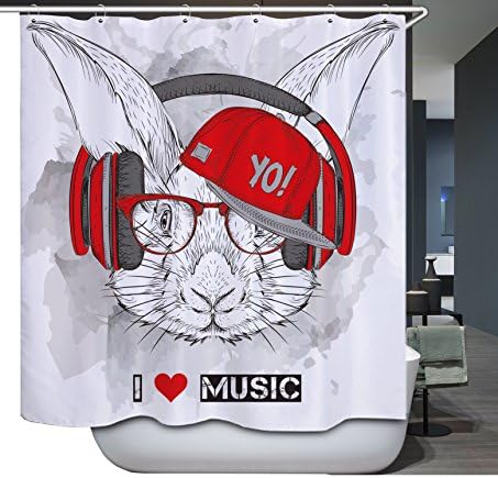 ELLEMOI Shower Curtain Hip Hop Rabbit Printing Waterproof Mildew Bath Shower Curtain 180x200 CM with 12 Hooks