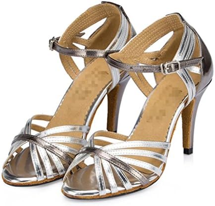 Fashion Women Silver Dance Shoes High Heel Leather Cow Suede Latin Salsa Tango Ballroom Ankle Strappy Buckle Sandals . B . 41