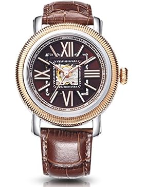 Time100 Vatertag NEU Herrenuhr Automatik Lederarmband Analog skelett mechanische Uhr Armbanduhr mit braun Lederarmband...