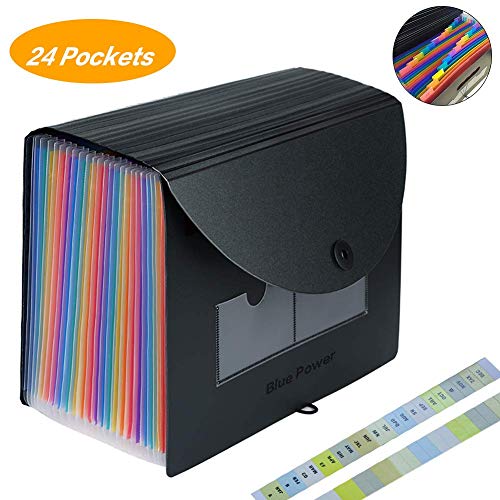 MOLPE Organizador Expandible Carpetas de Archivos, Separadores Archivador A4, Colores Archivador Acordeon 24 Bolsillos, Archivadores Escolares (Black)