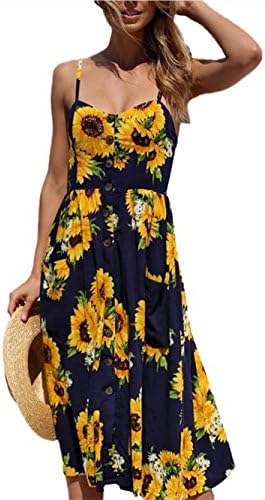 Newday Heaven Women's Floral Print Spaghetti Strap Backless Button Down Midi Dress Sunflower Beach Party Dress