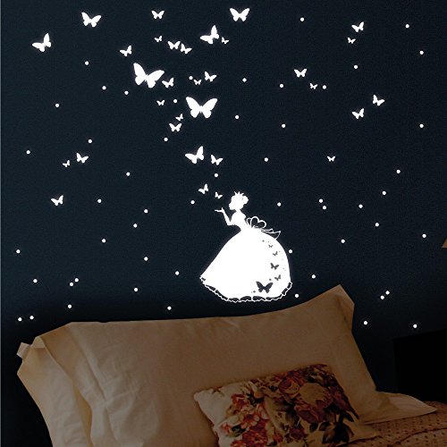 Wandtattoo Loft “ Fluoreszierende Prinzessin mit 30 verschiedenen Schmetterlingen und 60 Punkten“ Leuchtaufkleber – Wandtattoo fluoreszierende leuchtende Sticker für das Kinderzimmer - 2