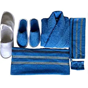 KOYOKA 6 Pieces Luxury Bathrobe Set (1 Bathrobe, 1 Big Towels, 1 Hand Towels, 1 Slippers, 1 Soap Pouches & 1 Slipper Free) - RoyalBlue, Free Size