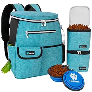 PetAmi Dog Travel Backpack | Backpack Organizer with Poop Bag Dispenser, Multi-Function Pocket, Food Container Bag, Collapsible Bowl | Perfect Weekend Pet Travel Set for Dog, Cat (Turquoise)