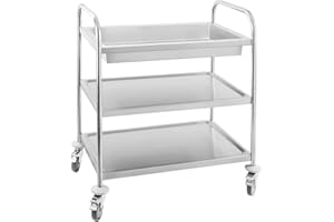 ‎ROYAL CATERING Royal Catering - Servierwagen Küchenwagen (2 Borde, 1 Abräummulde, 150 kg belastbar, 84,50 x 52,50 x 94,50 cm, 22,5 cm Abstand, Leichtlaufräder, Feststellbremse, Edelstahl) Silber