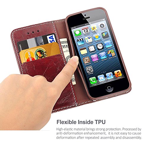 Funda iPhone 5S  iDoer iPhone 5S Funda con tapa libro piel y TPU cartera cover Funda de cuero carcasa bumper protectores estuches soporte flip Case para Apple iPhone 5 5S SE marr  n