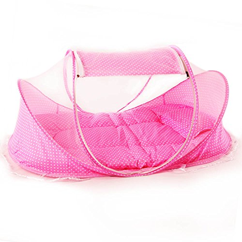 ASIV Folding Baby Pop Up Travel Bassinette, include Mosquito Net, Pillow, Mattress, Music box and Mesh Bag, 108 x 65 x 52 cm, Pink