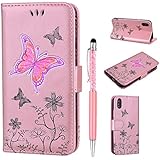 Handyhülle für iPhone X, Leder Hülle Tasche Case für iPhone X, ZCRO Schön Bunt Schmetterling Blumen Muster Schutzhülle für iPhone X Leder Handyhülle Etui Flip Case Cover Kartenfach Standfunktion Geldbörse Design Hüllen Magnet Bookstyle Kunstleder Schutz Schale Ledertasche Handytasche mit Glitzer Stift für iPhone X (Rose Gold)