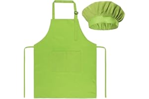PNPGDYK Grembiule Cuoco Bambino,Grembiule per Bambini + Cappello da Cuoco, Regolabili Grembiuli da Chef Bambini, Grembiule Cucina Per Bambini con 2 Tasche (4-13 Anni)