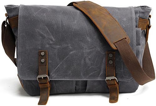 HAKGY Unisex Messenger Bags Canvas Leather Crossbody Traveling Briefcase Shoulder Bag for 14 inch Laptops, Grey