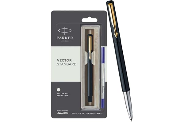 Parker Vector Standard Gold Trim Roller Ball Pen Ink Color - Blue Black Body Color Ergonomic Design Built for long writing sessions
