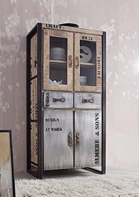 massivmoebel24 Buffet/Vitrine industrielle - Bois massif de manguier brut - Fer et bois imprimé - FACTORY #136