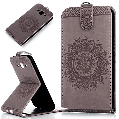 Galaxy J5 2016 Hülle,Galaxy J5 2016 Schutzhülle,Galaxy J5 2016 Leder Hülle,ikasus® Prägung Floral Spitze Blumen Mandala Muster PU Lederhülle Flip Hülle im Bookstyle Cover Schale Slim Fit Soft Silikon Magnetverschluss Schutzhülle PU Leder Hülle Flip Wallet Case Kunstleder Tasche Cover mit Standfunktion und Kartenfächer Tasche Wallet Case für Samsung Galaxy J5 (2016) J510F (5,2 Zoll) - Grau