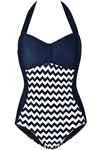 HASIDING Retro Wave Striped One Piece Swimsuit Halter Bathing Suit for Women Blue Size XL