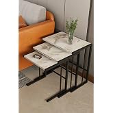 C Zigon Sehpa &ndash; 3'l&uuml; Modern Metal Yan Sehpa, Laptop Masası ve Koltuk Yanı Kahve Sehpası Beyaz Mermer