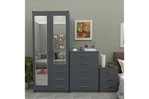 GENERIC Ready 3-Piece Bedroom Furniture Set, 2-Door Mirrored Wardrobe with Drawers, 5-Drawer Chest, 3-Drawer Bedside Table (Grey)