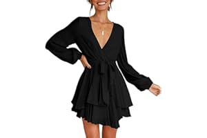FFWTPY Vestito Donna Corto Mini Abito con Profondo Scollo a V Maniche Lunghe Sexy Miniabiti Swing Abito da Skater Casual Discoteca Cocktail Clubwear con Cintura
