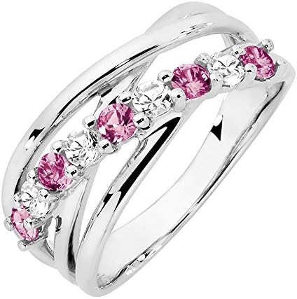 18k White Gold Fn 925 Silver Criss Cross Pink Sapphire &amp; Simulated Diamond Wedding Band Ring For Ladies (S)
