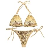 Farbe: Gold Grün Blau AiSi Damen sexy hot Glitzer Bikini-Set Badeanzug Bademode Bikinihose Bikinioberteile Neckholder Design mit Pailetten Gold S