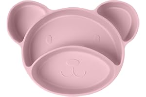 Vicloon Baby Teller, Baby Tischset, Silikon Babygeschirr Rutschfest mit Saugnäpfen, BPA-Freie, Kann in der Spülmaschine und Mikrowellem, Kinderteller für Kleinkinder und Kinder-Rosa Bär