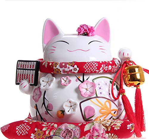 Maneki Neko - Weiße Japanische Glückskatze mit Abakus (großes Modell) - Winkekatze aus feinem Porzellan