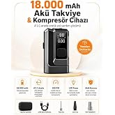 18000mAh Ak&uuml; Takviye ve Kompres&ouml;r 4'&uuml; 1 Arada Taşınabilir Ara&ccedil; Marş Basma Cihazı Jump Starter