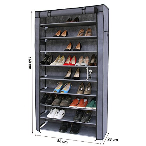 Songmics XXL 10 Schicht staubdichtes Schuhregal für ca. 45 paar Schuhe Schuhschrank Schuhablage 88 x 28 x 160 cm grau RXJ36G - 3