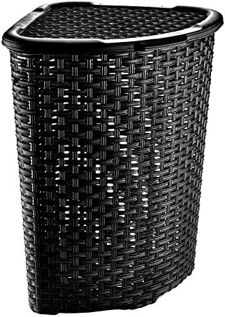 52 litre Extra Large Plastic Rattan Laundry Hamper Linen Clothes Washing Basket Bin with Lid (Corner Straw effect, Black)